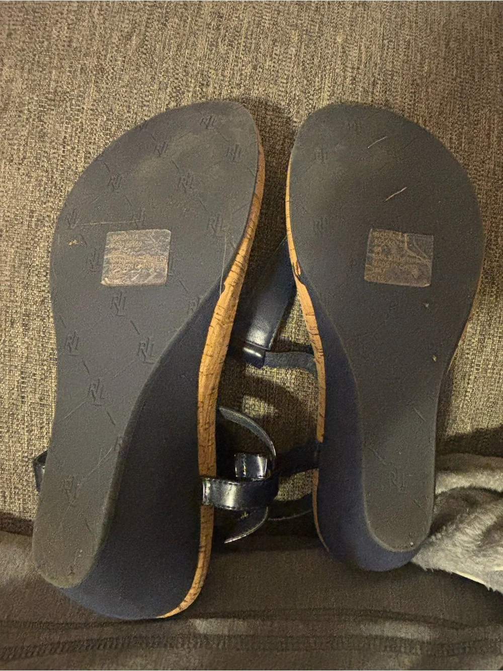 Lauren Ralph Lauren Rosalia Navy Patent Wedge Sandals Cork Footbed Size 9B